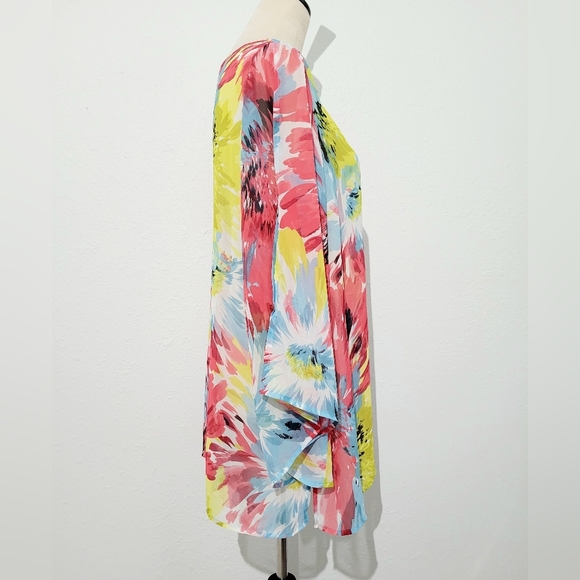 Susan Graver Women's M Sheer Floral Split Sleeve Blouse Top Multicolor Pullover - Picture 4 of 11